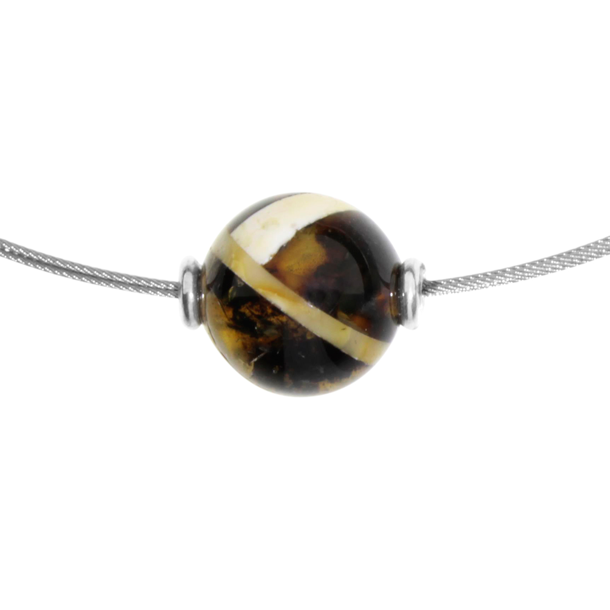 001-403112-A4421 Edelstahlcollier 3/42 cm, Silber 925/000, Kugel 12 mm, Bernsteinmosaik