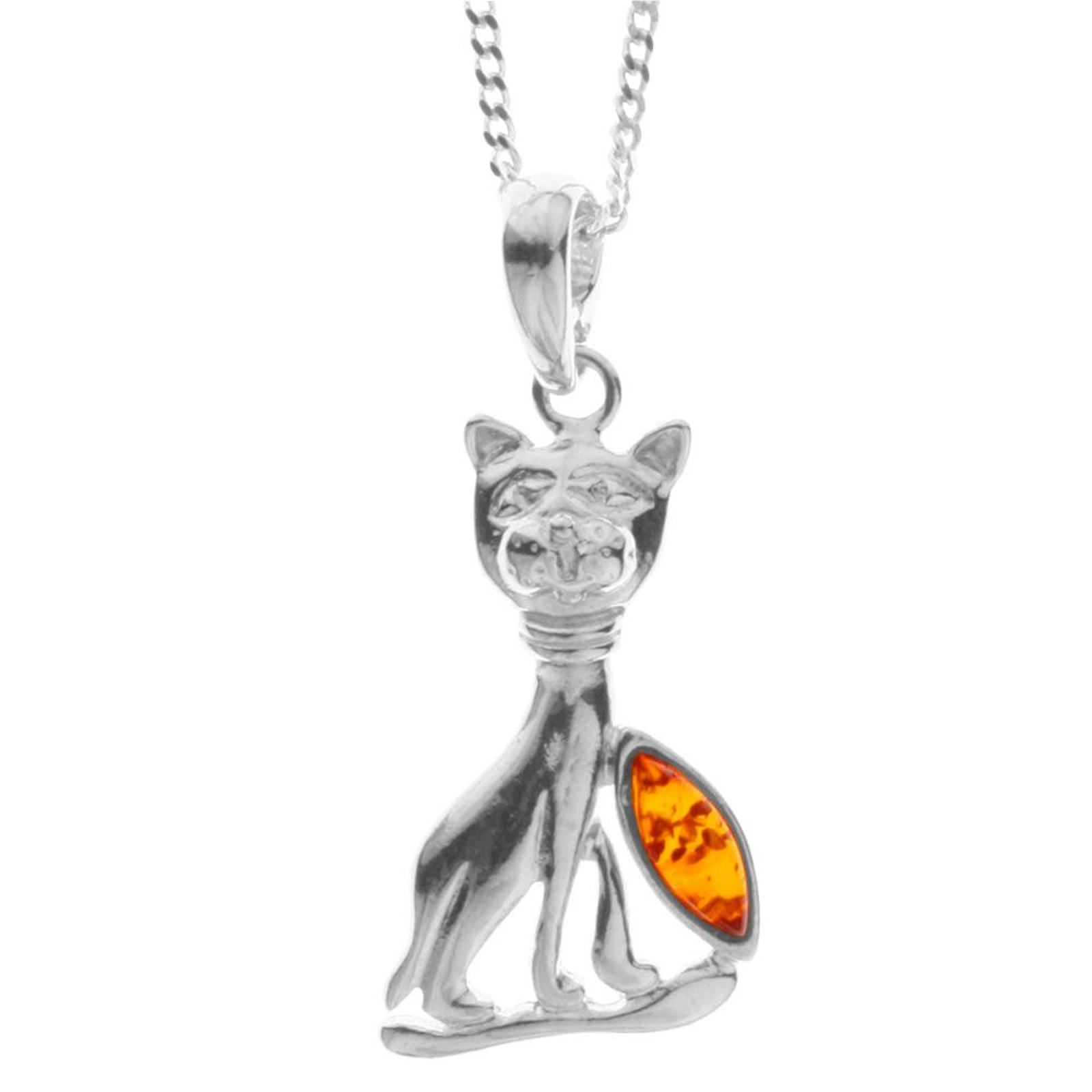 098-200410-A142 Kette mit Anhänger Katze, Silber 925/000, Bernstein,-Länge wählbar-