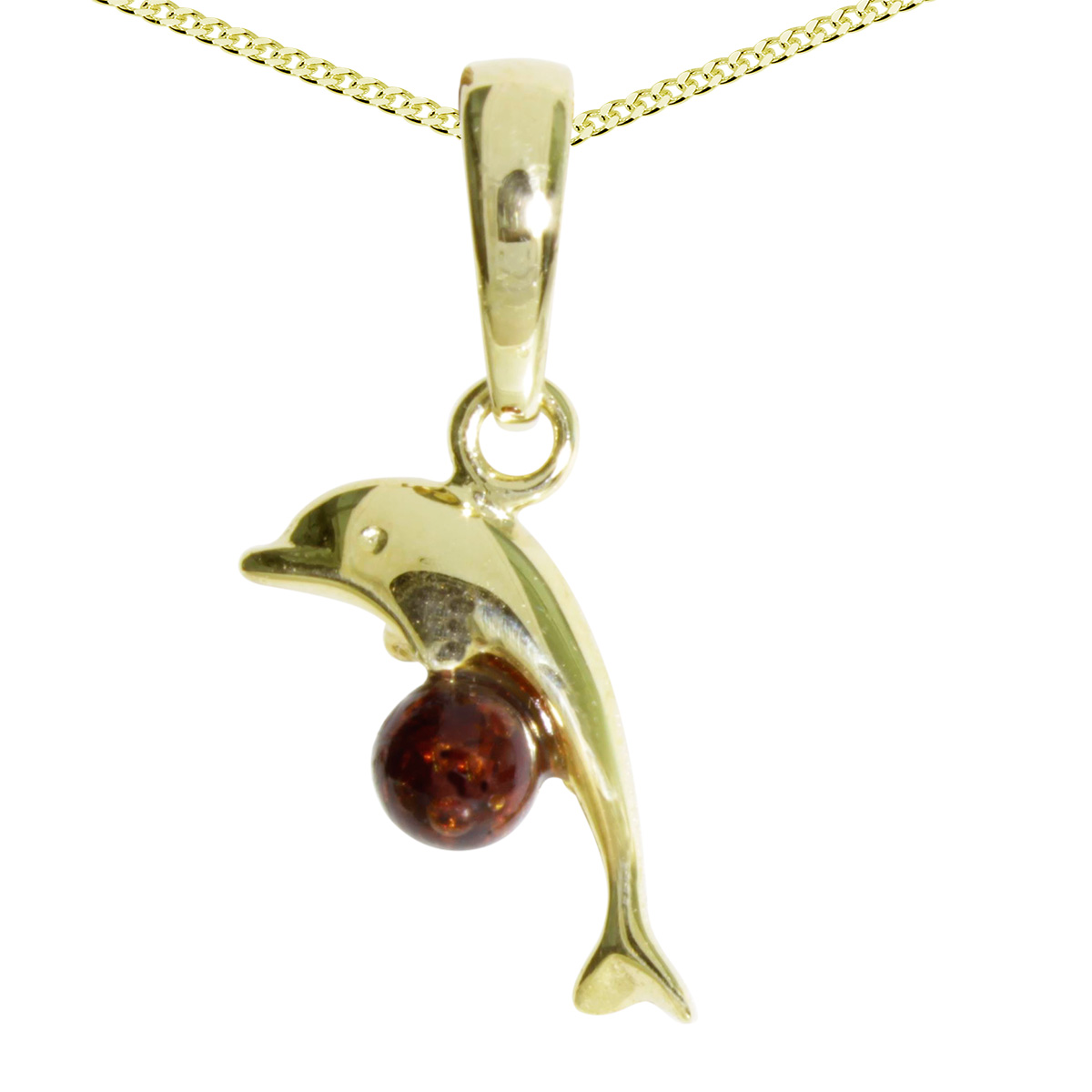 001-103655-A142 Kette mit Anhänger Gold 333/000, 42 cm, Delphin, Bernstein