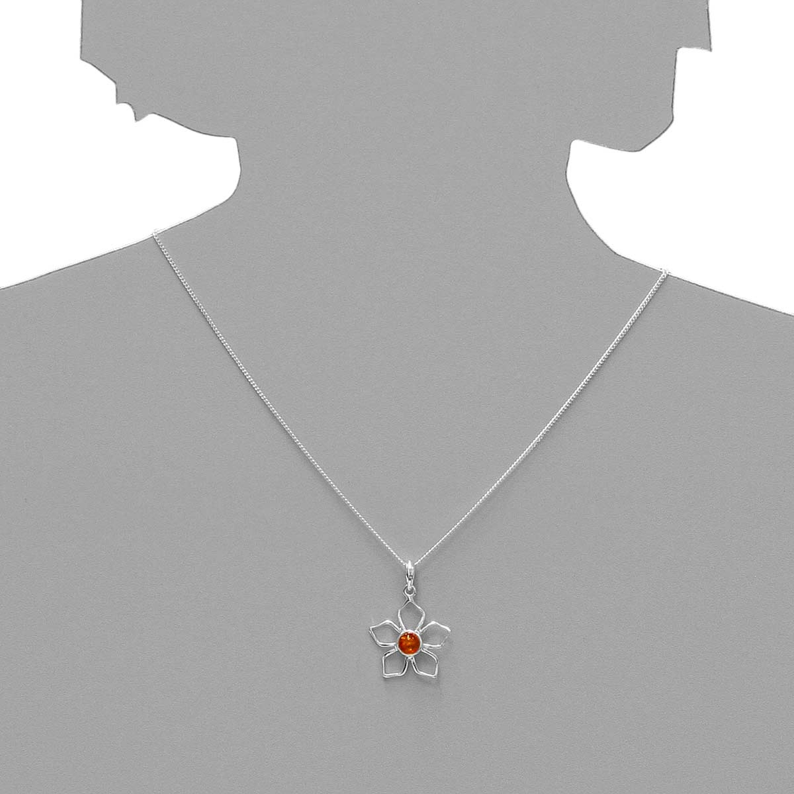 098-200250-A142s Kette mit Anhänger Blüte, Silber 925/000, Bernstein,-Länge wählbar-