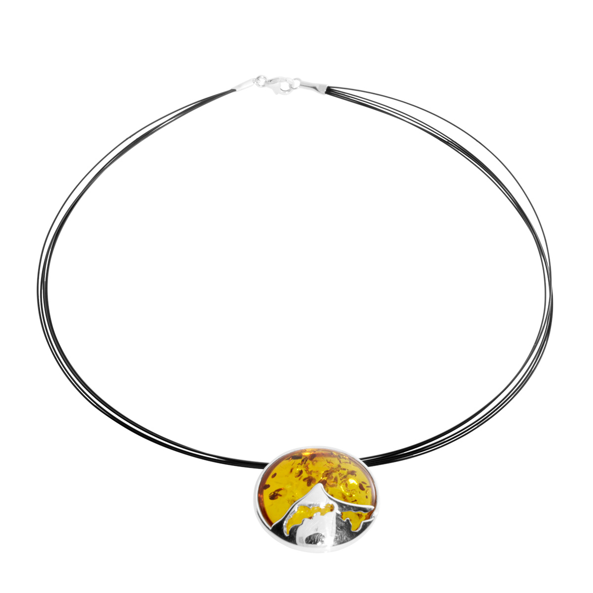 001-203608-1A423 Nyloncollier mit Anhänger, Silber 925/000, Bernstein
