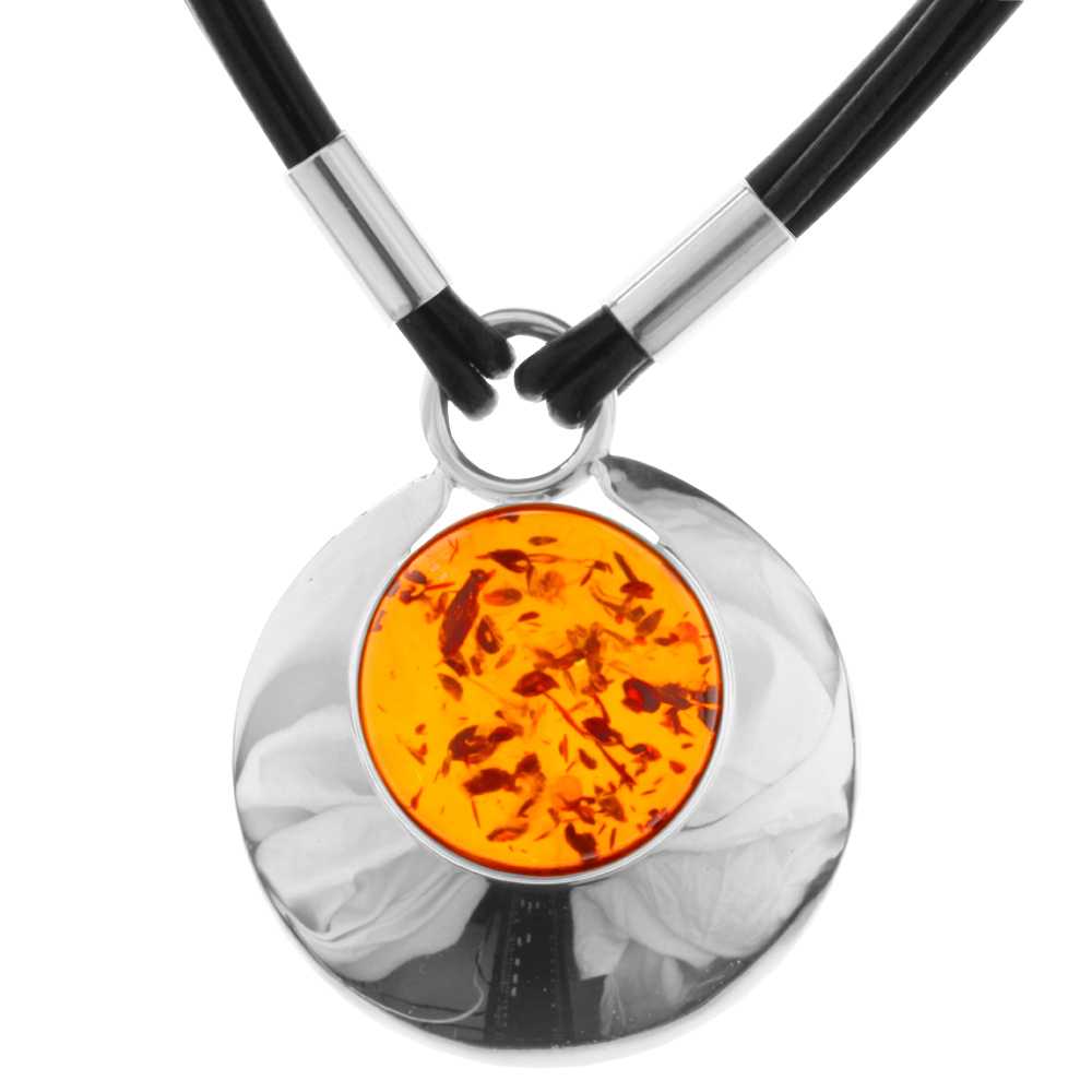001-293034-0100 Ledercollier mit Anhänger Silber 925/000, Bernstein