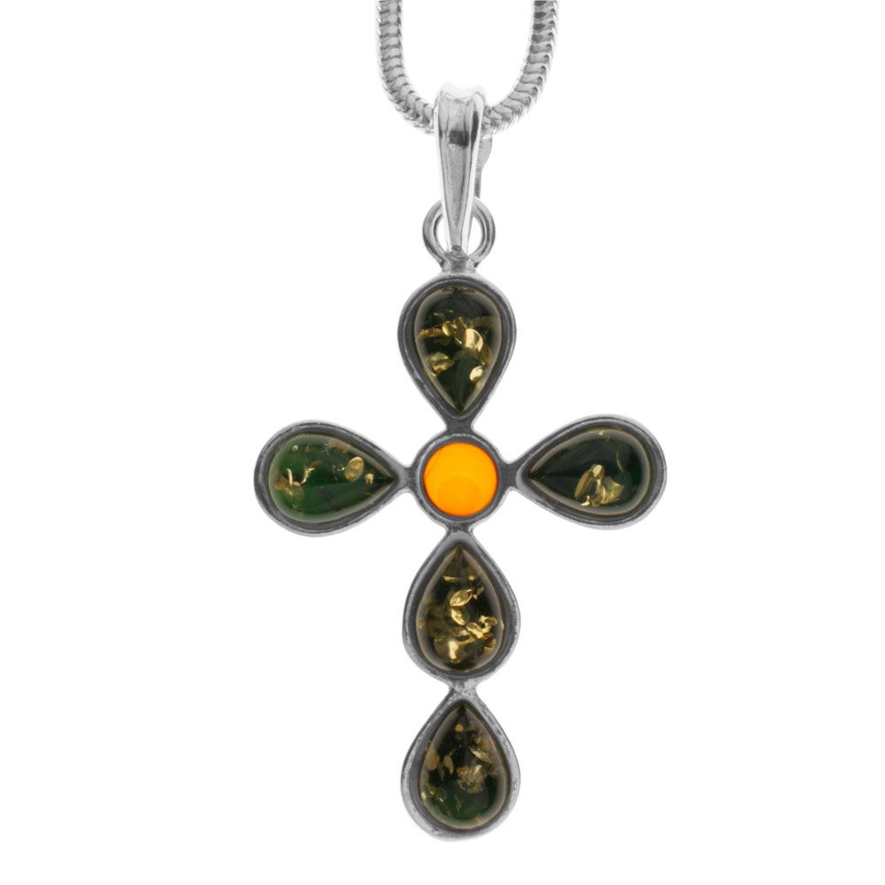 043-205006-A242 Kette mit Anhänger Silber 925/000, Kreuz, Bernstein, 42 cm