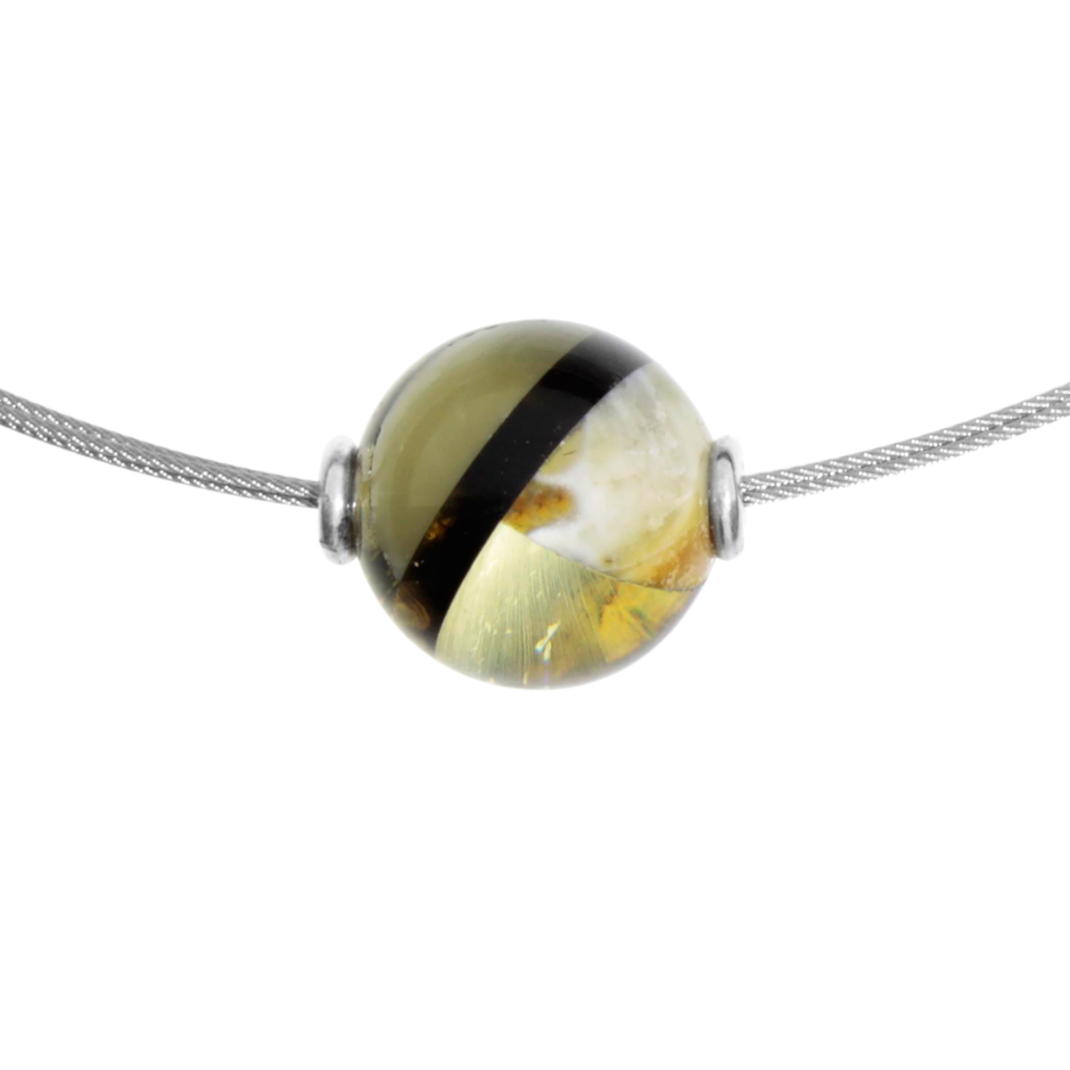 001-403113-A4421 Edelstahlcollier 3/42 cm oder 45 cm, Silber 925/000, Kugel 13 mm, Bernsteinmosaik