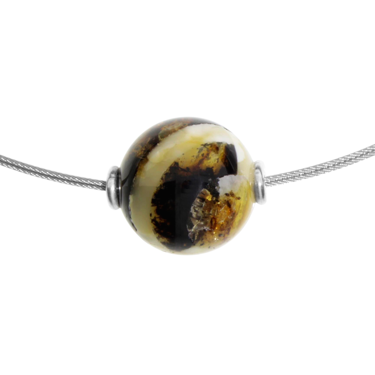 001-403114-A4421 Edelstahlcollier 3/42 cm, Silber 925/000, Kugel 14 mm, Bernsteinmosaik