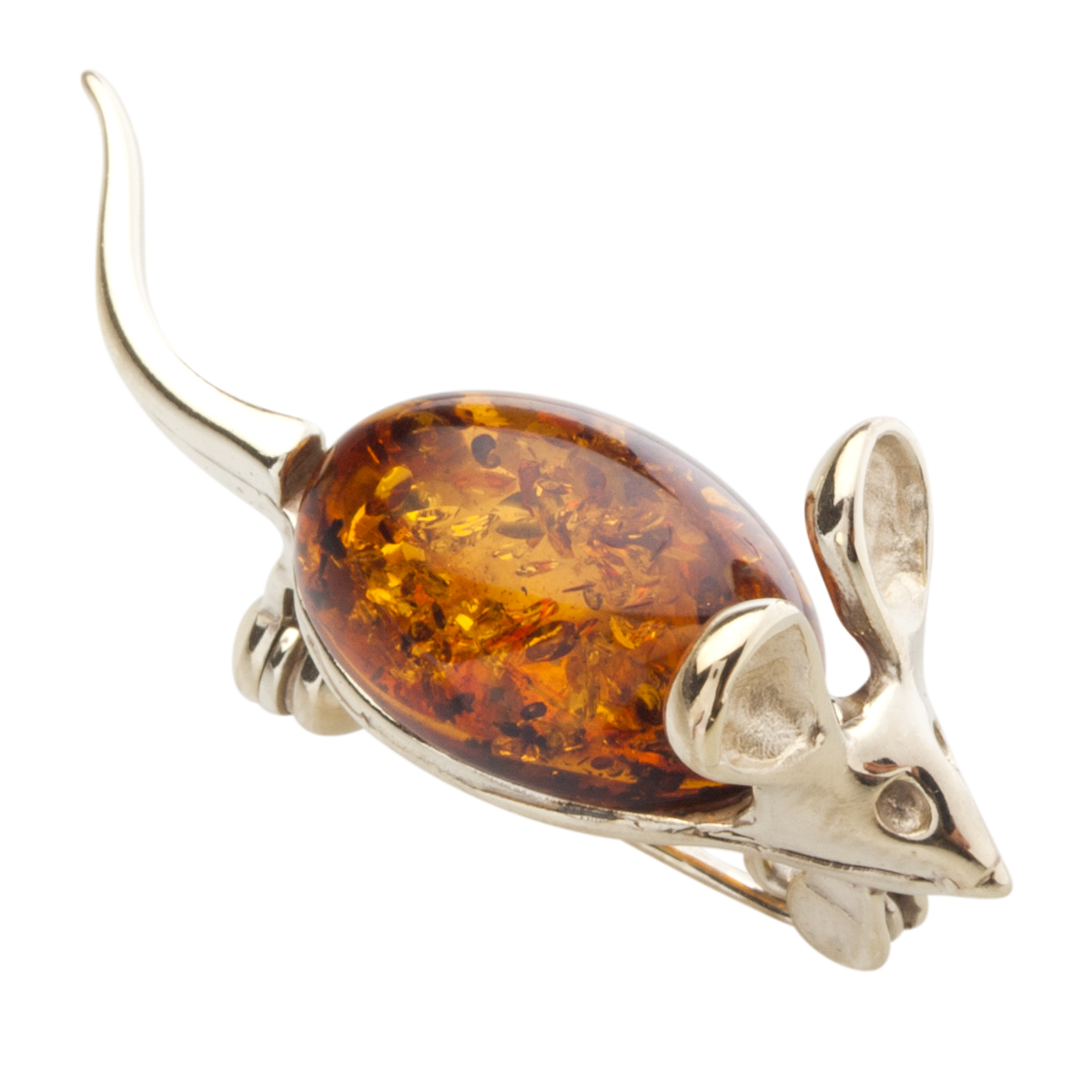 Brosche "Maus", Silber 925/000 vergoldet, Bernstein