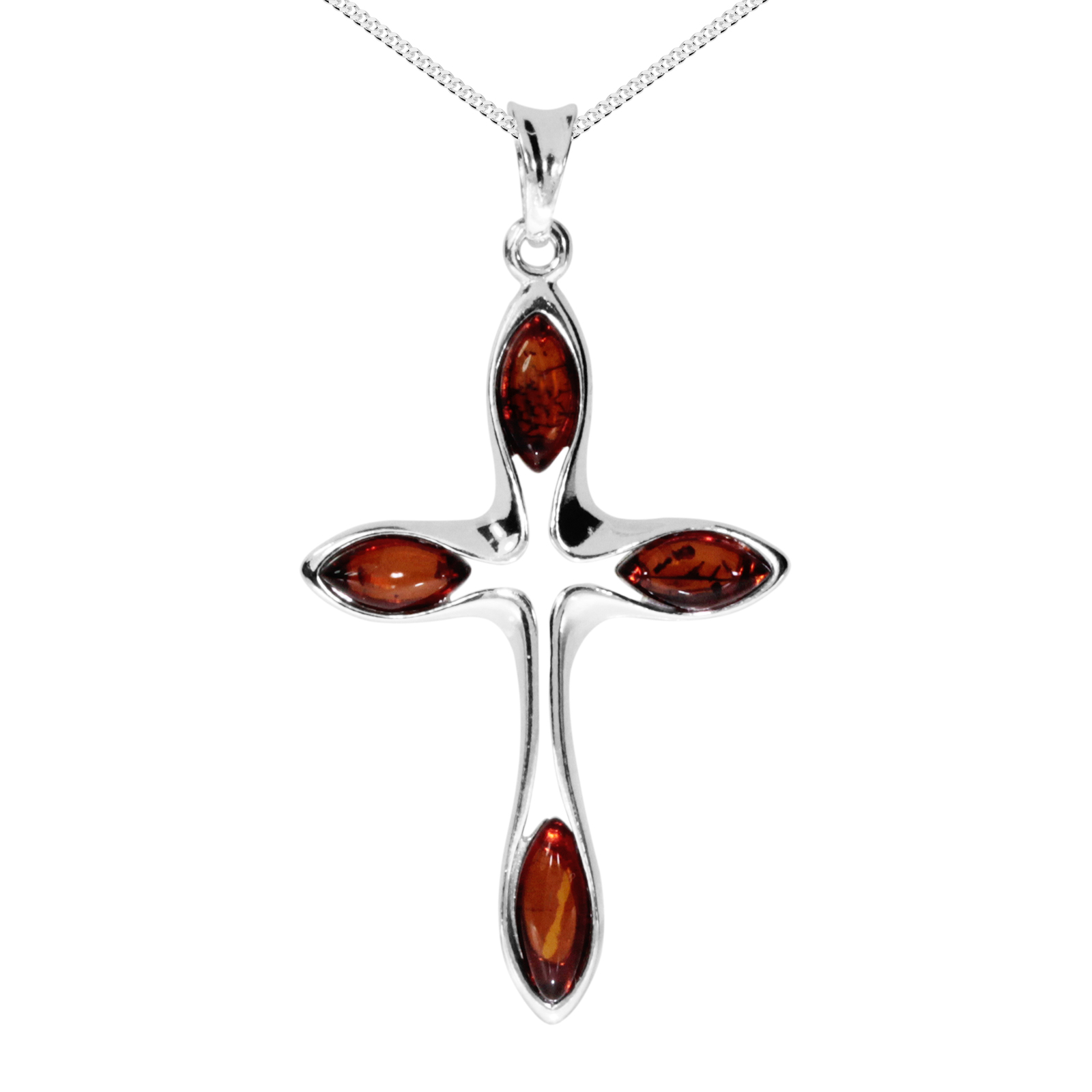 Kette mit Anhänger Silber 925/000, "Kreuz", Bernstein -Länge wählbar-