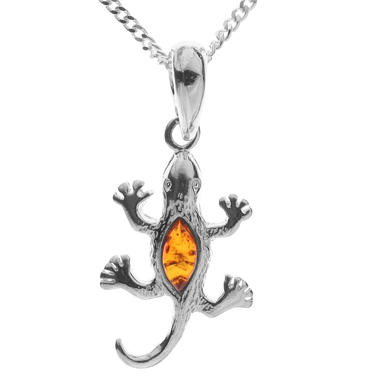 098-200485-A142 Kette mit Anhänger Salamander, Silber 925/000, Bernstein, -Länge wählbar-