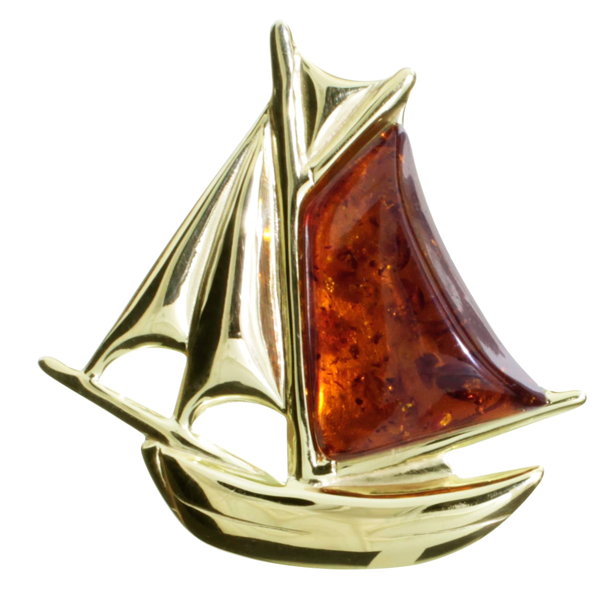 001-230507-0002 Brosche "Schiff", Silber vergoldet, Bernstein