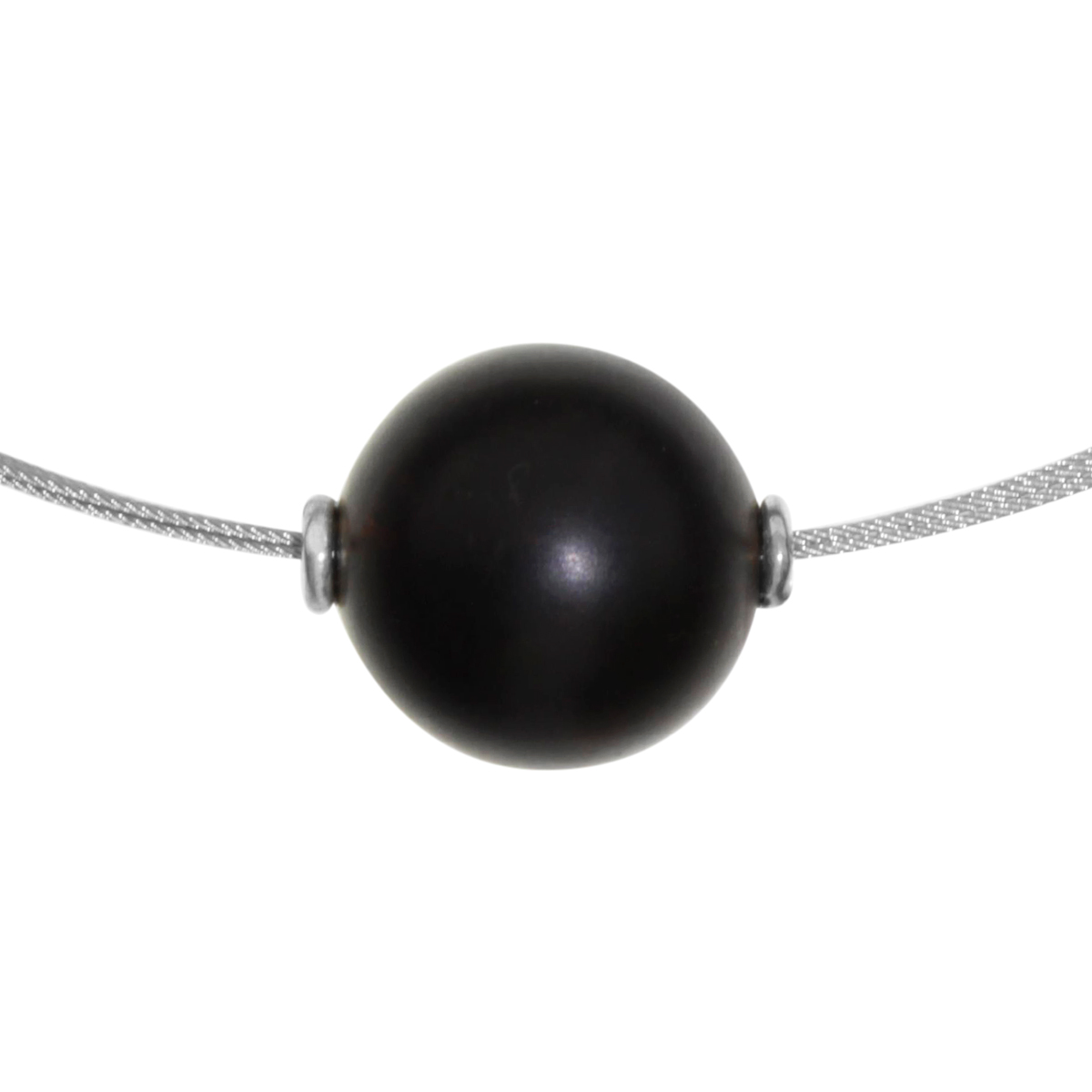 Edelstahlcollier 3/42 cm, Silber 925/000, Kugel 16 mm, Bernstein, schwarz-matt