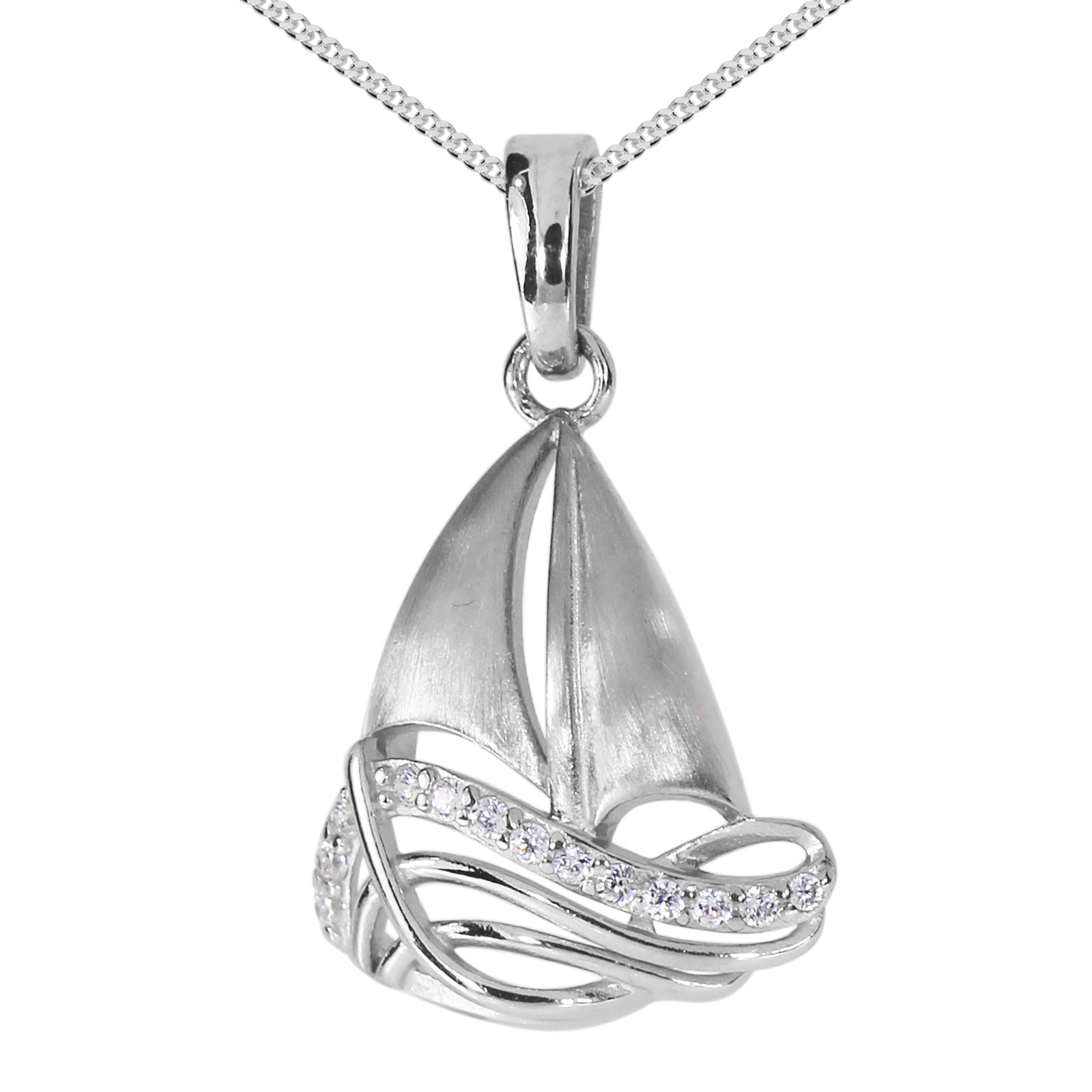 Kette mit Anhänger "Schiff", Silber 925/000,  Zirkonia  -Länge wählbar-