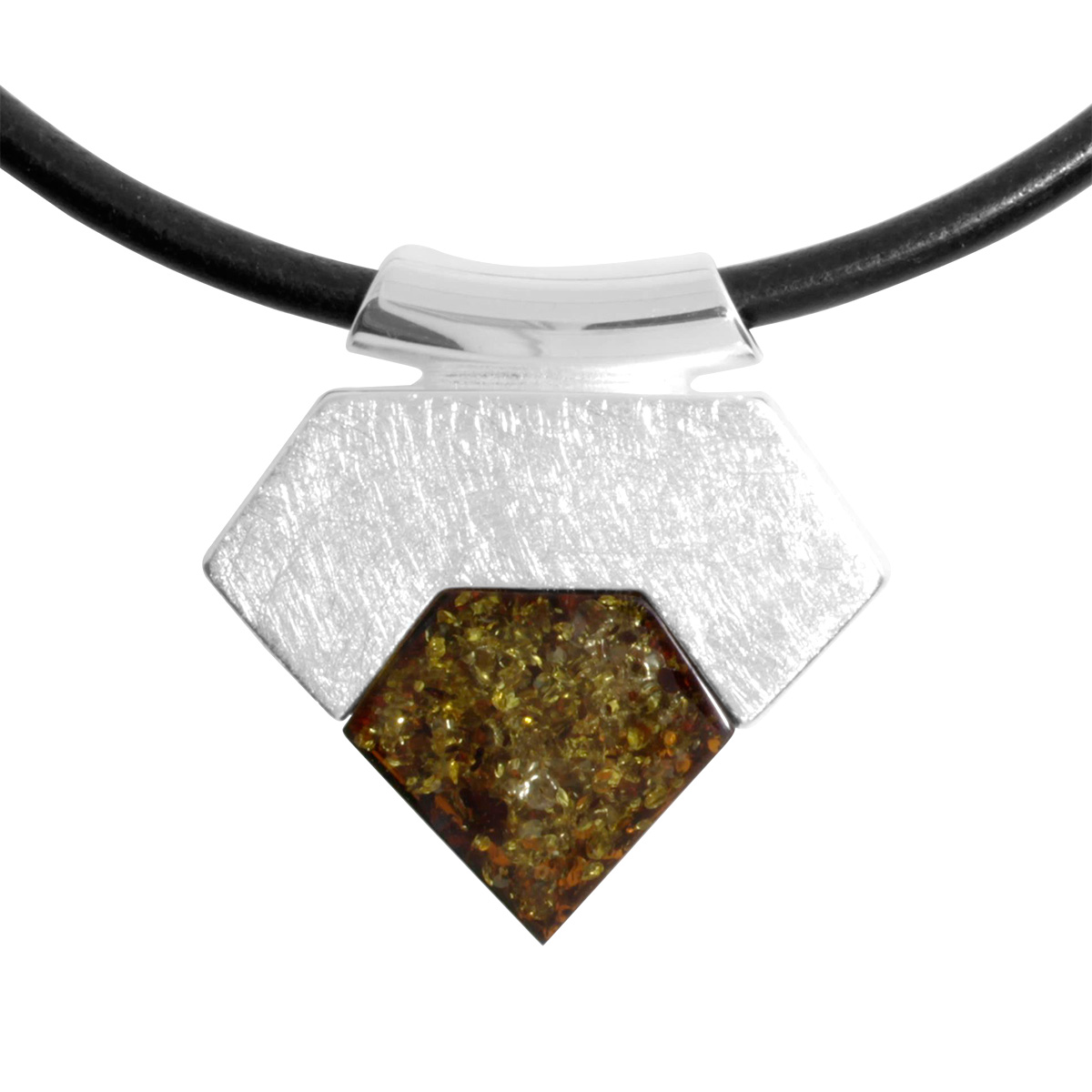 Ledercollier mit Anhänger Silber 925/000, 42 cm, Bernstein grün