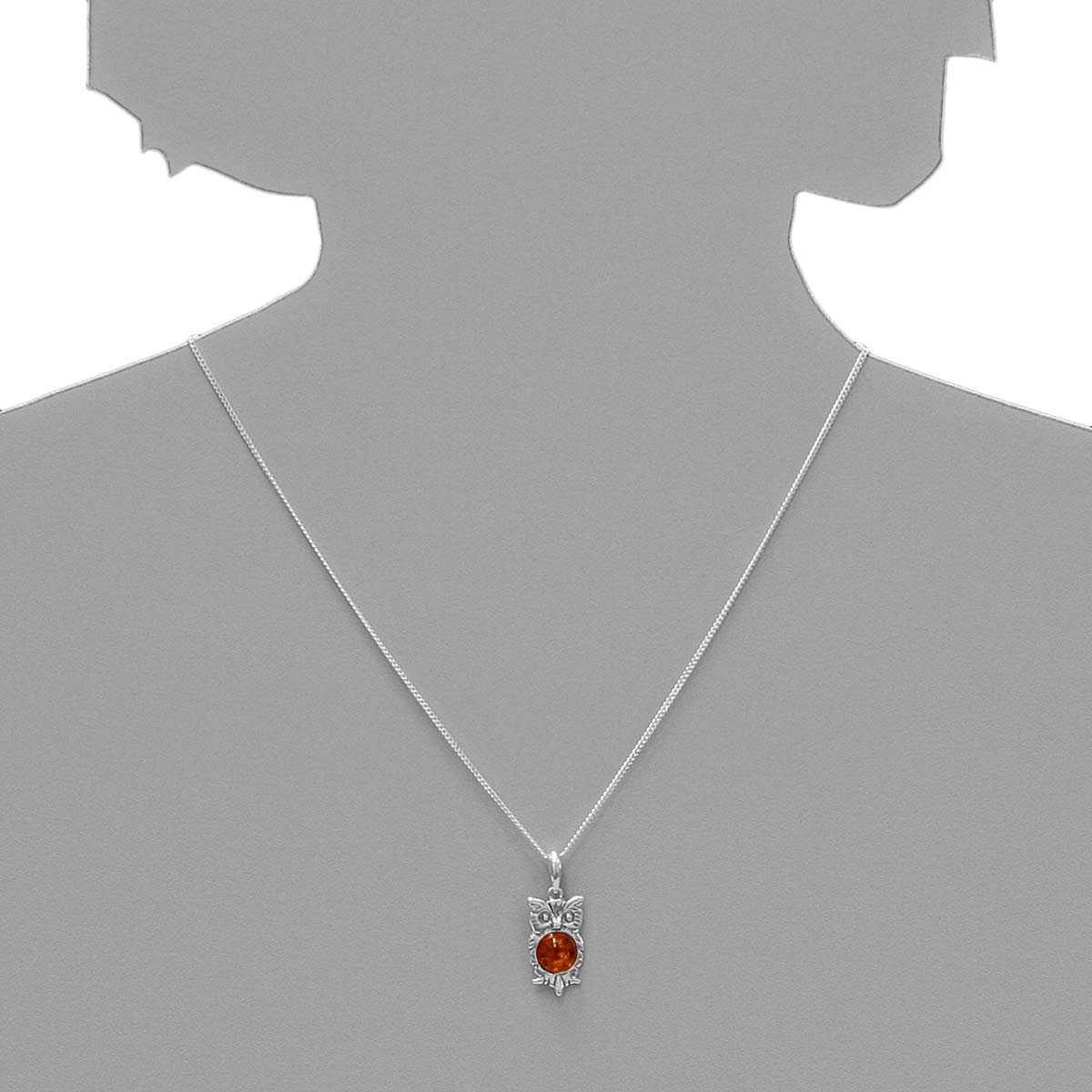 098-200040-A142s Kette mit Anhänger Uhu, Silber 925/000, Bernstein, -Länge wählbar-
