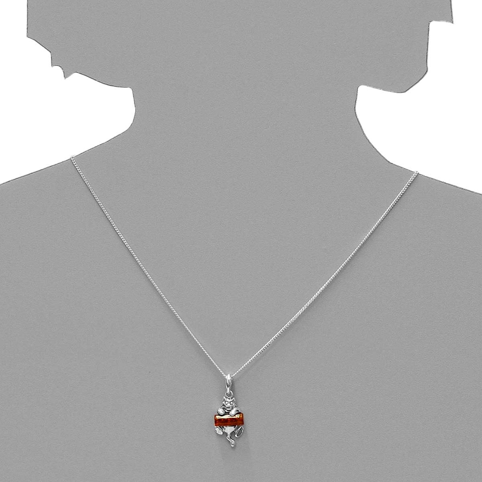 098-200370-A142s Kette mit Anhänger Katze, Silber 925/000, Bernstein-Länge wählbar-