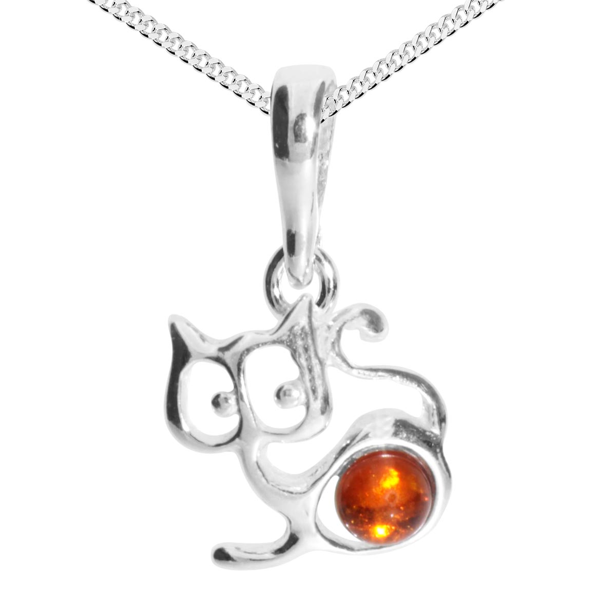 099-200110-A142 Kette mit Anhänger Silber 925/000, Kätzchen, 42 cm, Bernstein