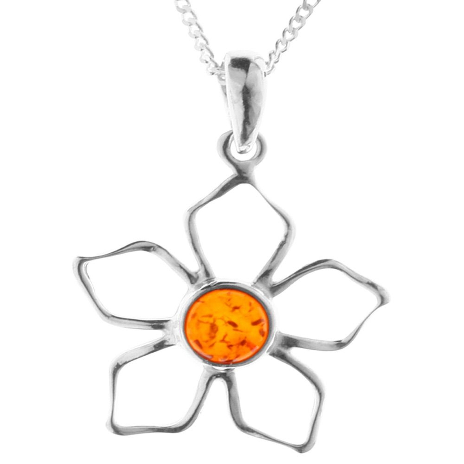 098-200250-A142 Kette mit Anhänger Blüte, Silber 925/000, Bernstein,-Länge wählbar-