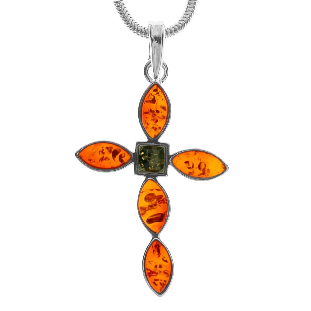 043-205005-A242 Kette mit Anhänger Silber 925/000, Kreuz, Bernstein, 42 cm