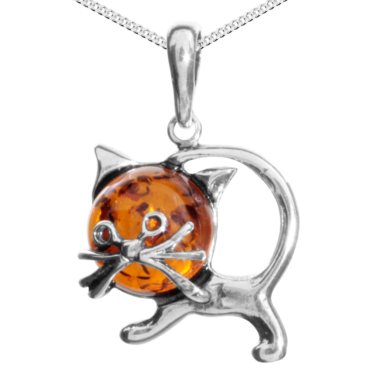 032-200010-A142 Kette mit Anhänger Silber 925/000, Katze, 42 cm, Bernstein