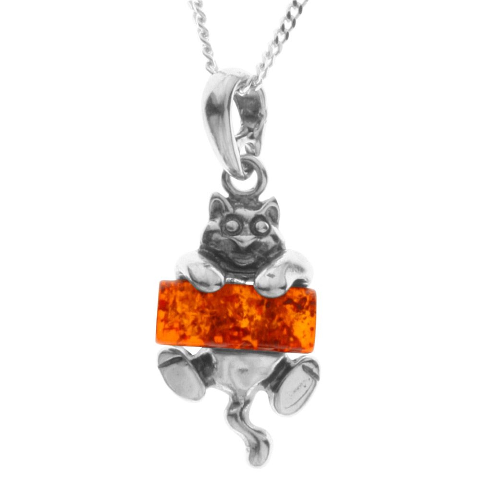098-200370-A142 Kette mit Anhänger Katze, Silber 925/000, Bernstein-Länge wählbar-