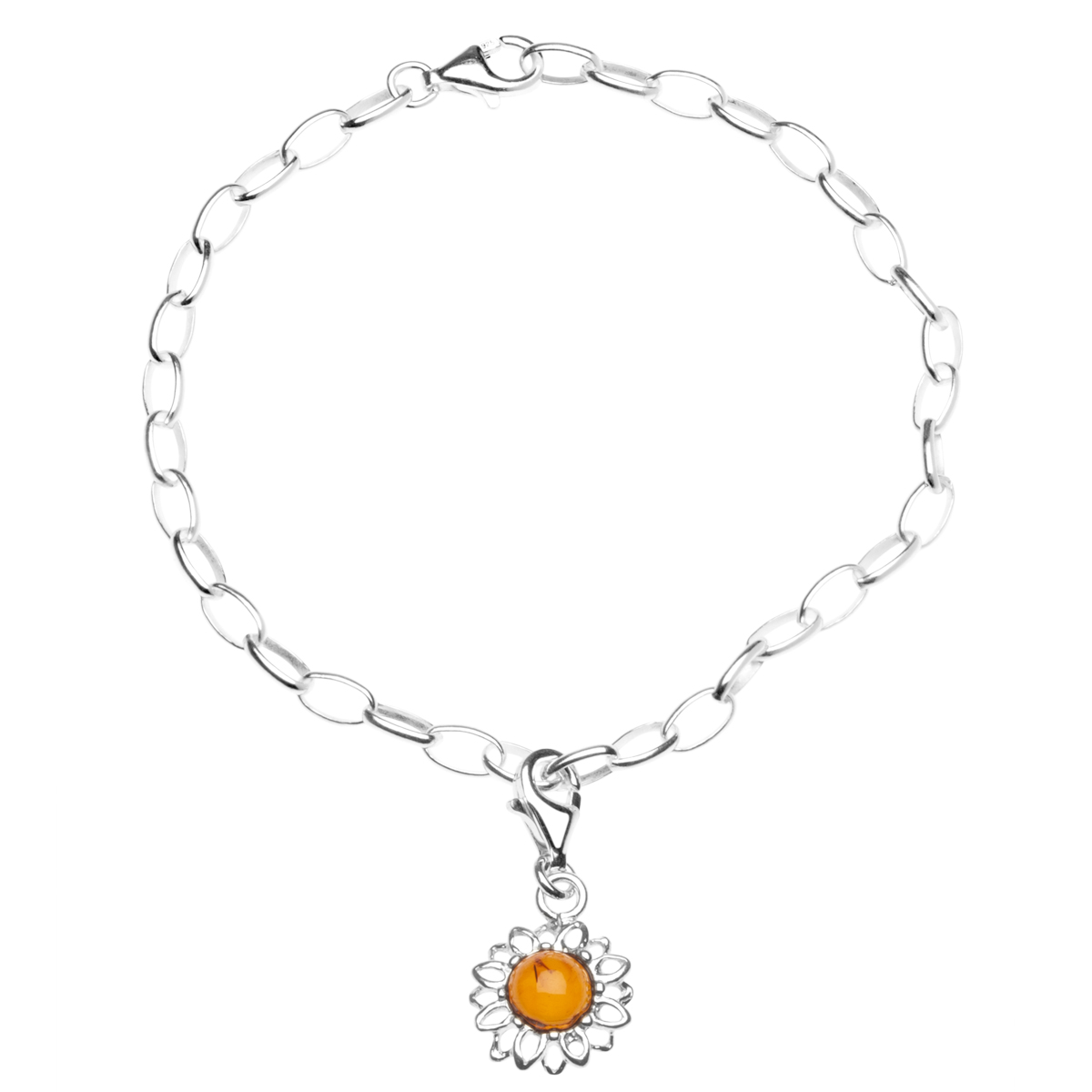 002-210001-019C Charmsarmband mit Anhänger Blüte, 19 cm,  Silber 925/000, Bernstein