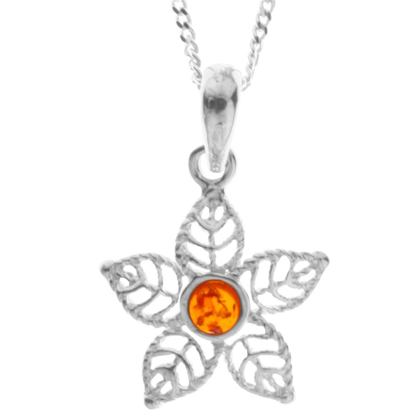 098-200380-A142 Kette mit Anhänger Blüte, Silber 925/000, Bernstein, -Länge wählbar-