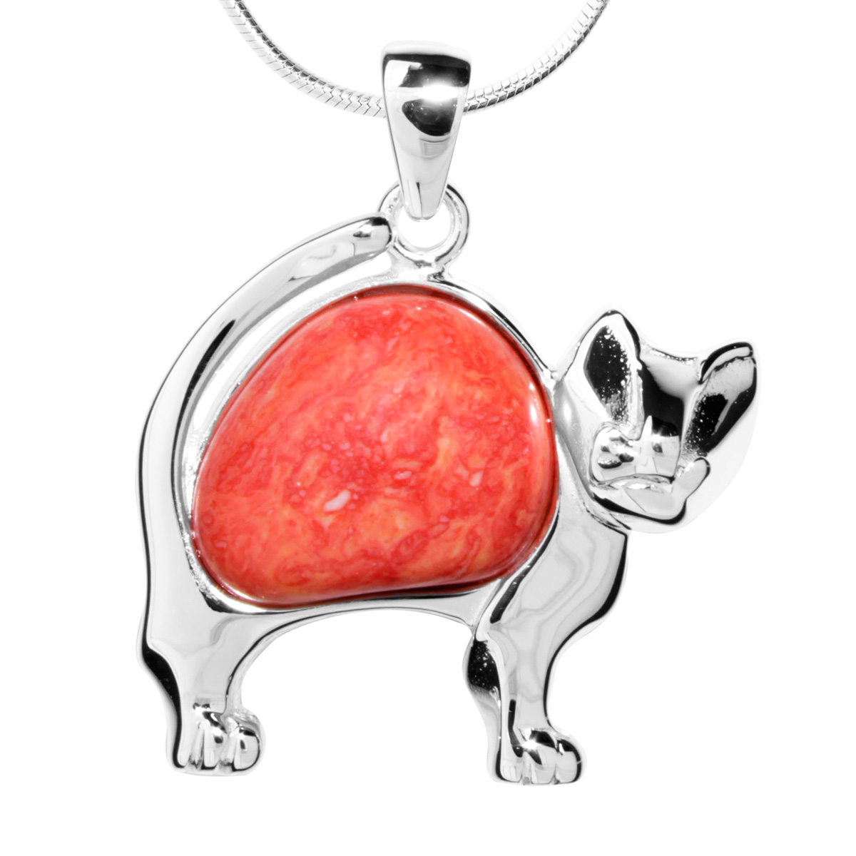 001-203496-A645 Kette mit Anhänger, Katze, Silber 925/000, 45 cm, rek. Koralle