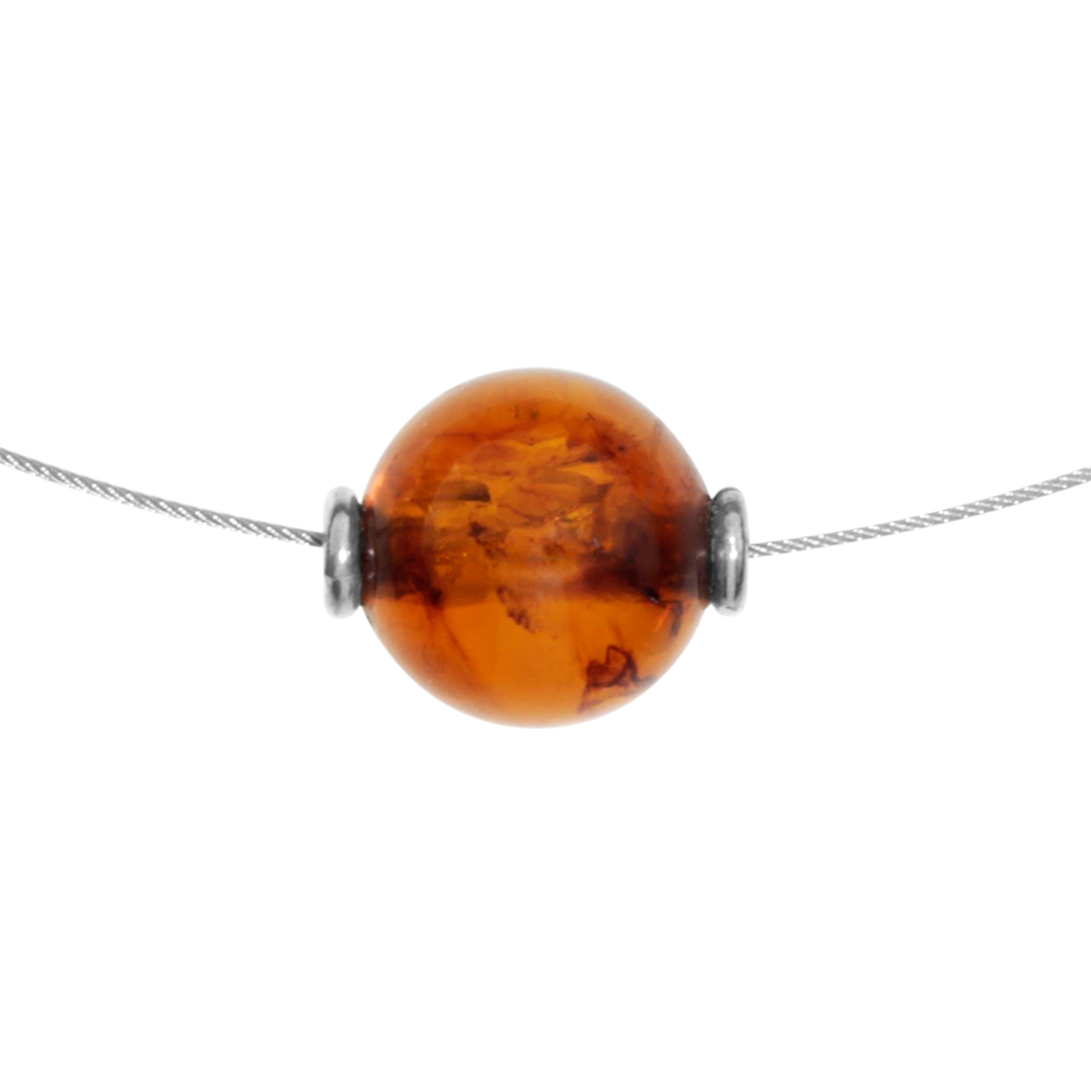 001-403112-B1421 Edelstahlcollier 1/42 cm, Silber 925/000, Kugel 12 mm, Bernstein