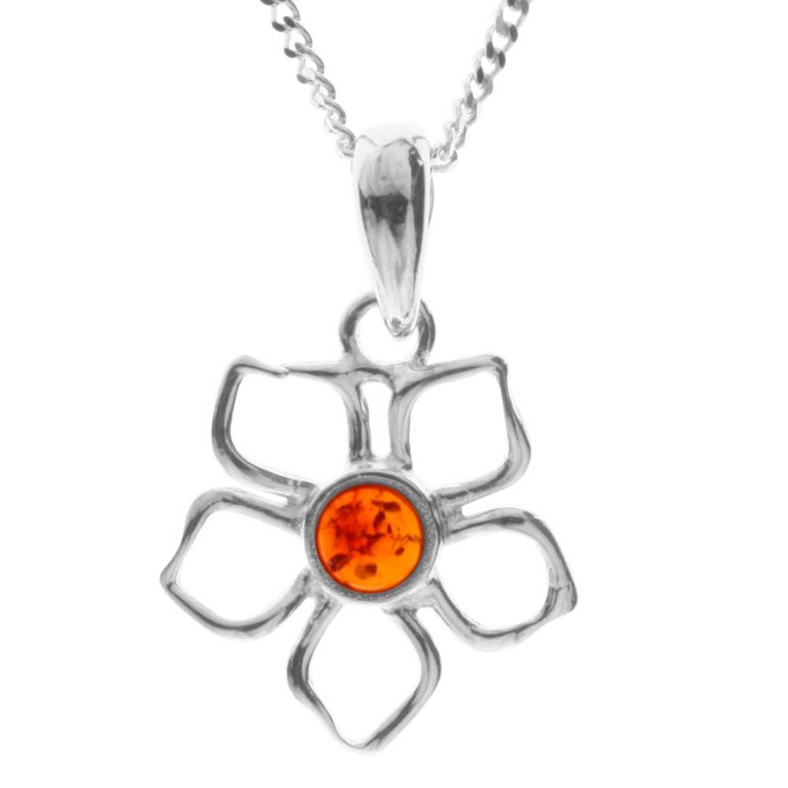 098-200580-A142 Kette mit Anhänger Blüte, Silber 925/000, Bernstein,-Länge wählbar-