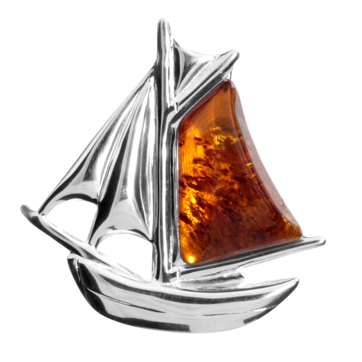 001-230507-0001 Brosche "Schiff", Silber 925/000, Bernstein