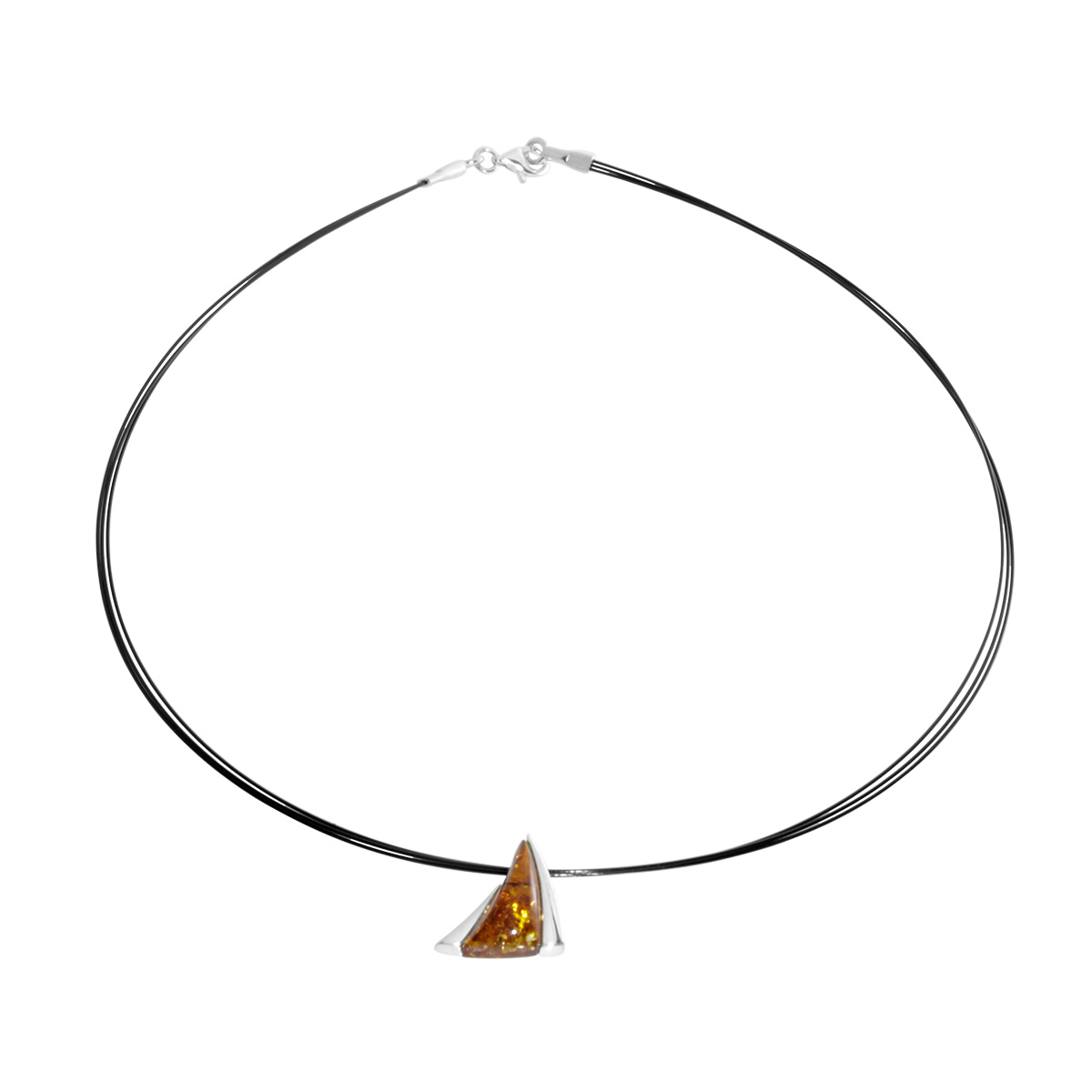 001-203611-A1452 Nyloncollier mit Anhänger, 45 cm, Silber 925/000, Bernstein