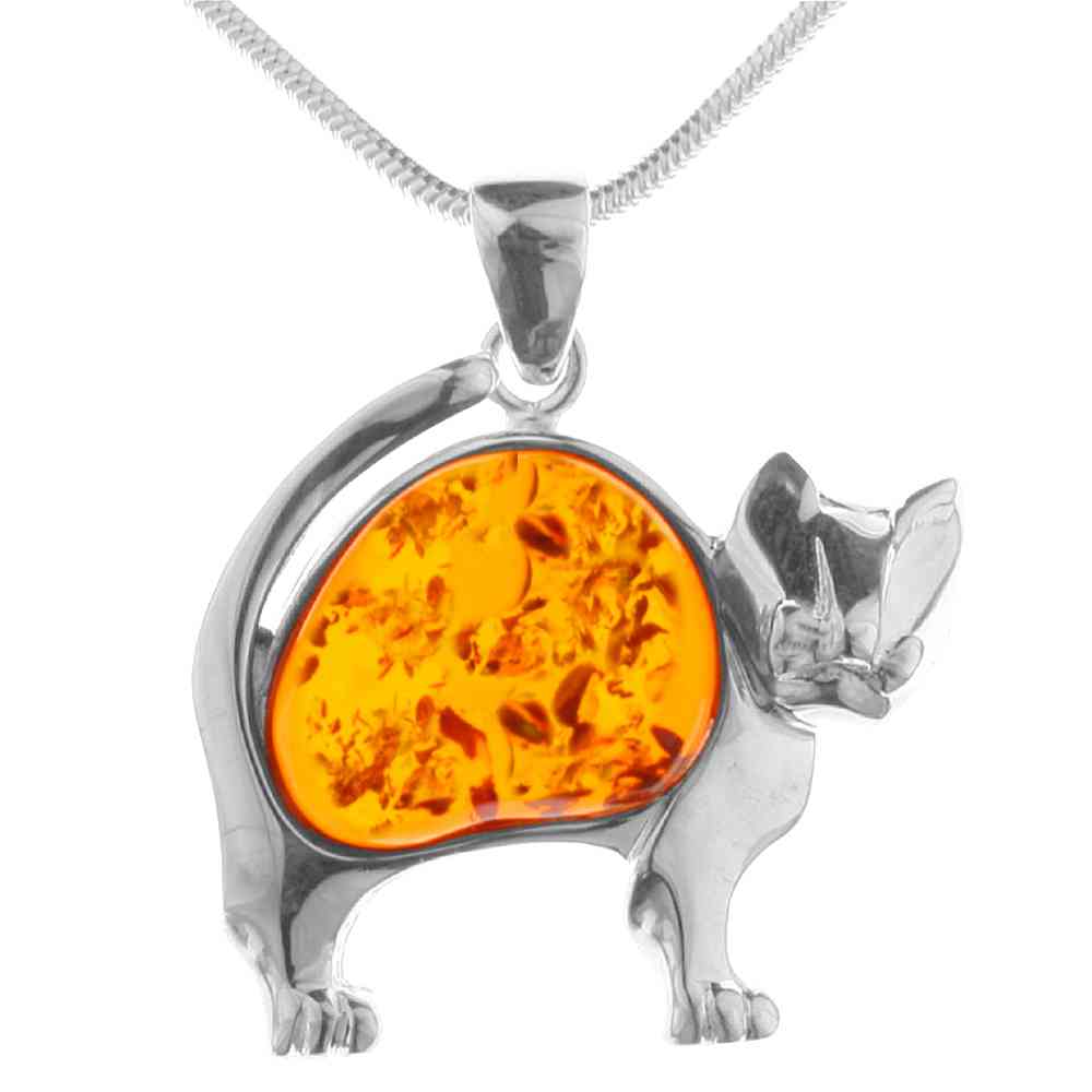 001-203496-A145 Kette mit Anhänger Silber 925/000, Katze, Bernstein, 45 cm