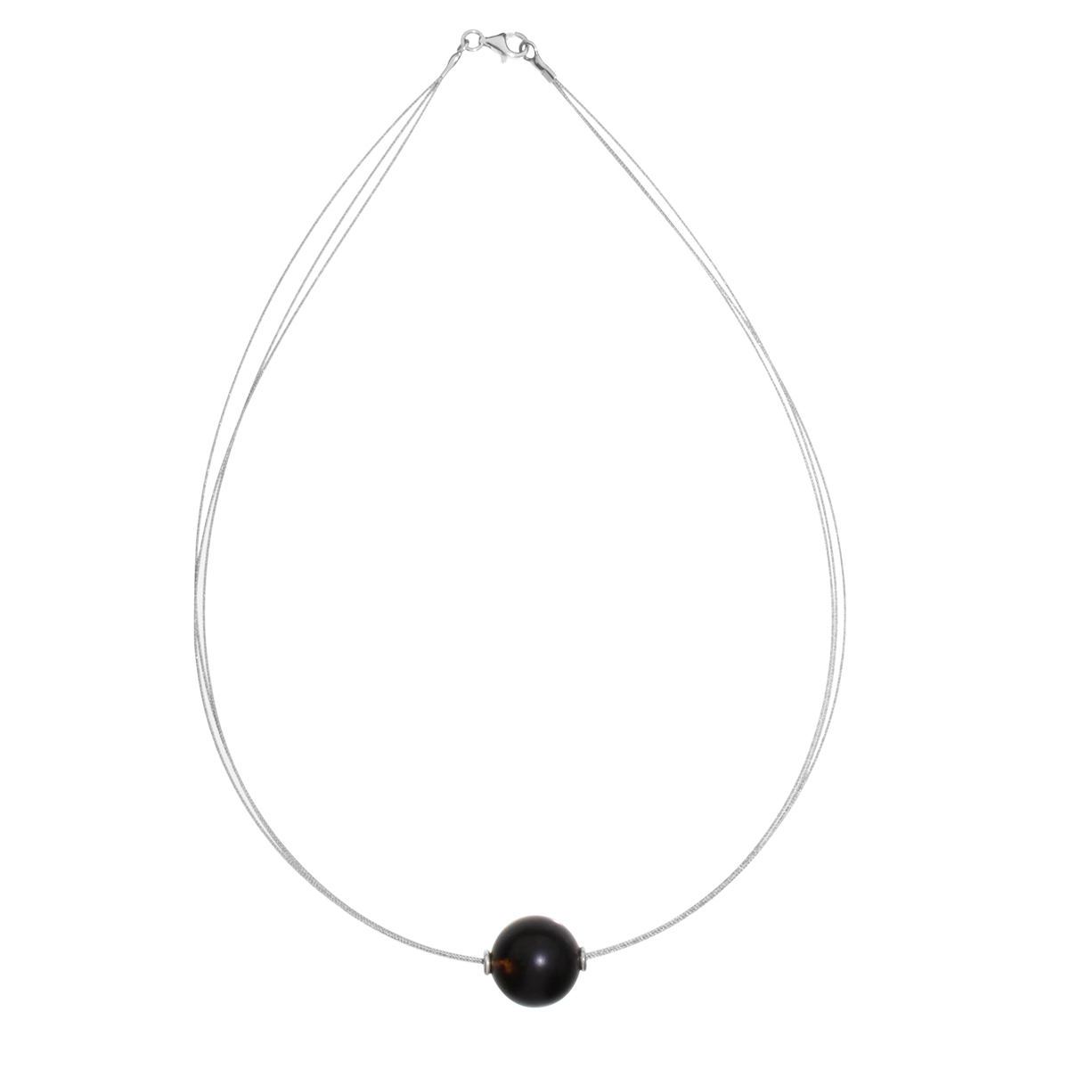 001-403116-C442 Edelstahlcollier 3/42 cm, Silber 925/000, Kugel 16 mm, Bernstein, schwarz-matt