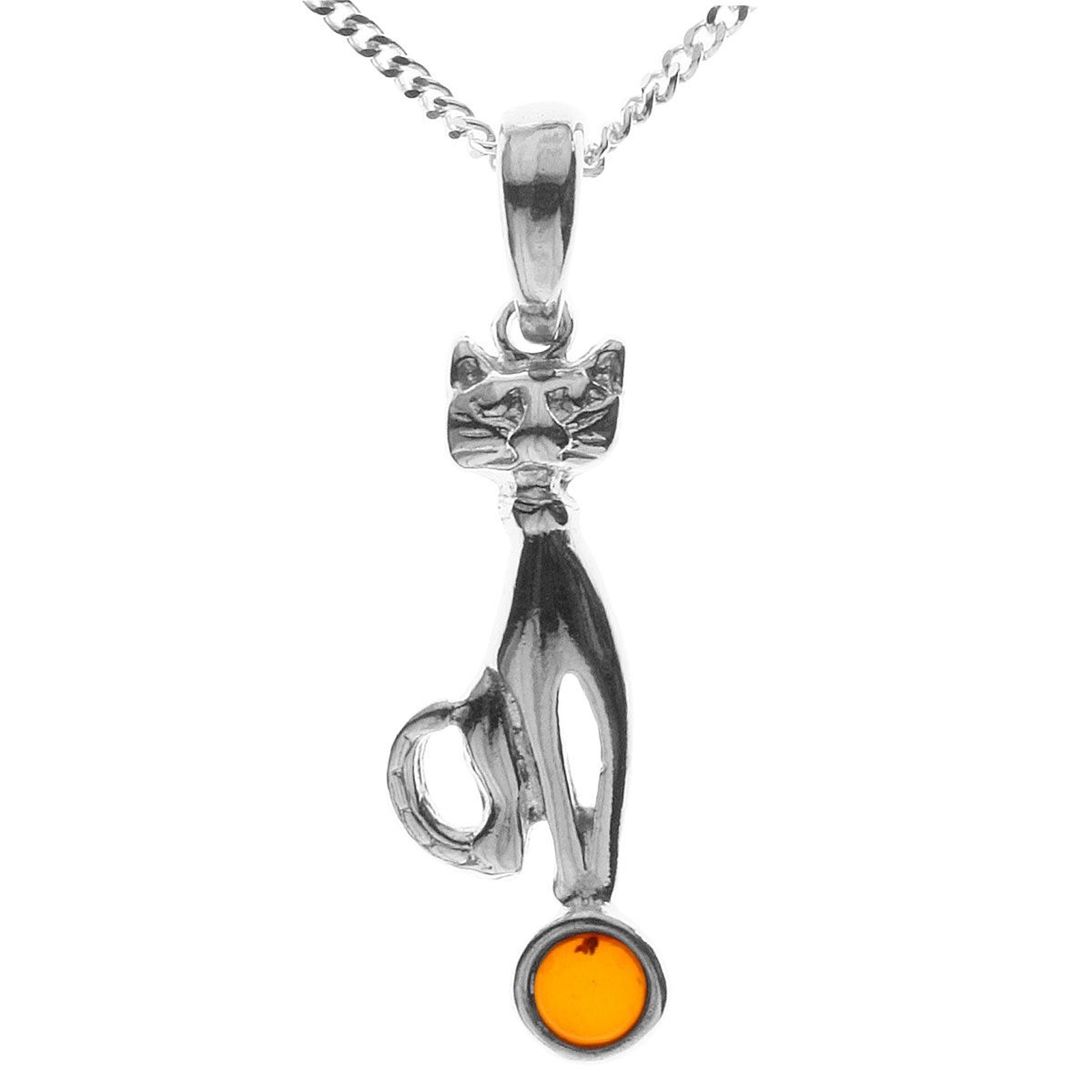 098-200620-A145 Kette mit Anhänger Katze, Silber 925/000, Bernstein,-Länge wählbar-