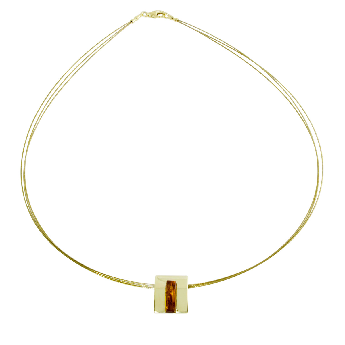 001-103437-A1421 Nyloncollier mit Anhänger, Gold 333/000, 42 cm, Bernstein