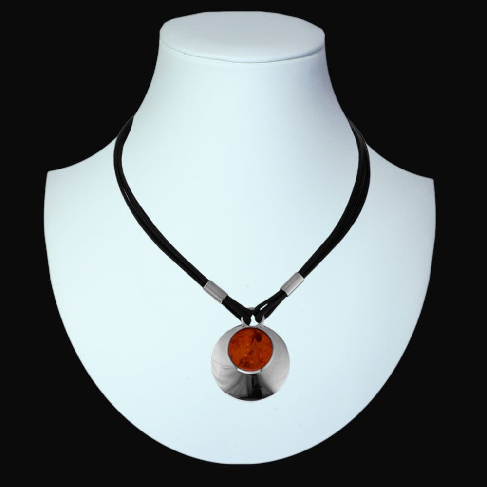 001-293034-01001 Ledercollier mit Anhänger Silber 925/000, Bernstein